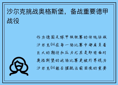 沙尔克挑战奥格斯堡，备战重要德甲战役